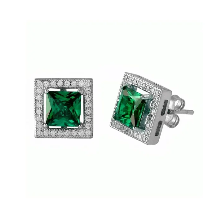 Rhodium Plated 925 Sterling Silver Green Halo Square CZ Stud Earrings – BGE00632GRN