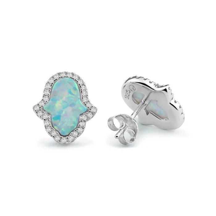 Rhodium Plated 925 Sterling Silver Hamsa Opal and Clear CZ Stud Earring – BGE00733