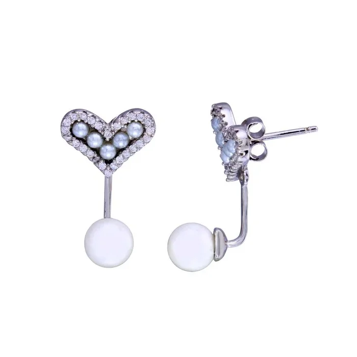 Rhodium Plated 925 Sterling Silver Heart Mother Of Pearl CZ Earring – BGE00691
