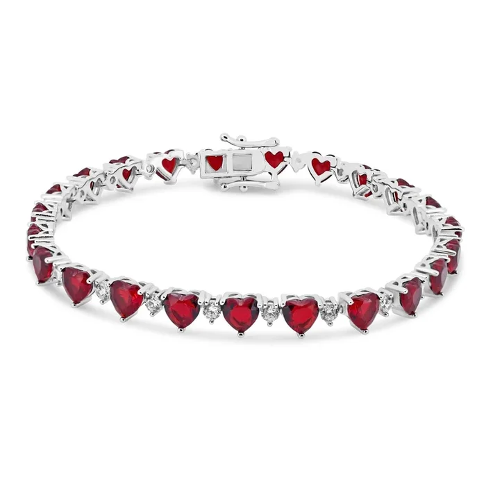 Rhodium Plated 925 Sterling Silver Heart Red CZ 6mm Tennis Bracelet – STB00622RED