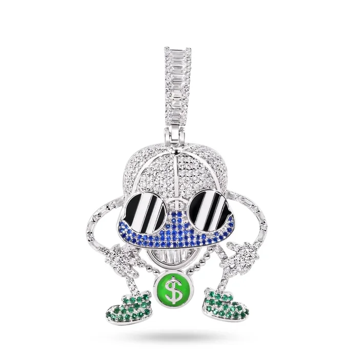 Rhodium Plated 925 Sterling Silver Hip-Hop Black and White Enamel Glasses Clear and Green CZ Pendant – SLP00372