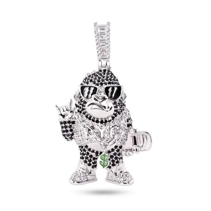 Rhodium Plated 925 Sterling Silver Hip-Hop Skater Money Clear CZ Black Enamel Pendant – SLP00367
