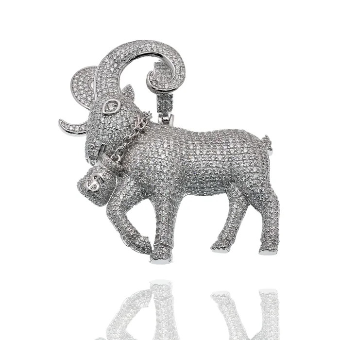 Rhodium Plated 925 Sterling Silver Iced Out Mountain Goat Money Bag Clear CZ 52mm x 58mm Pendant – SLP00498
