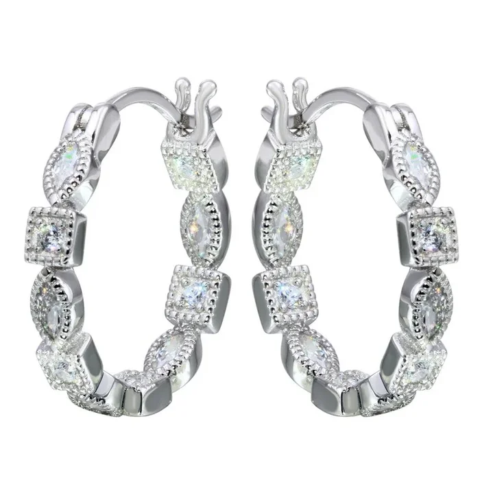 Rhodium Plated 925 Sterling Silver Inner and Outer Clear CZ Hoop Earrings – STE01122CLR