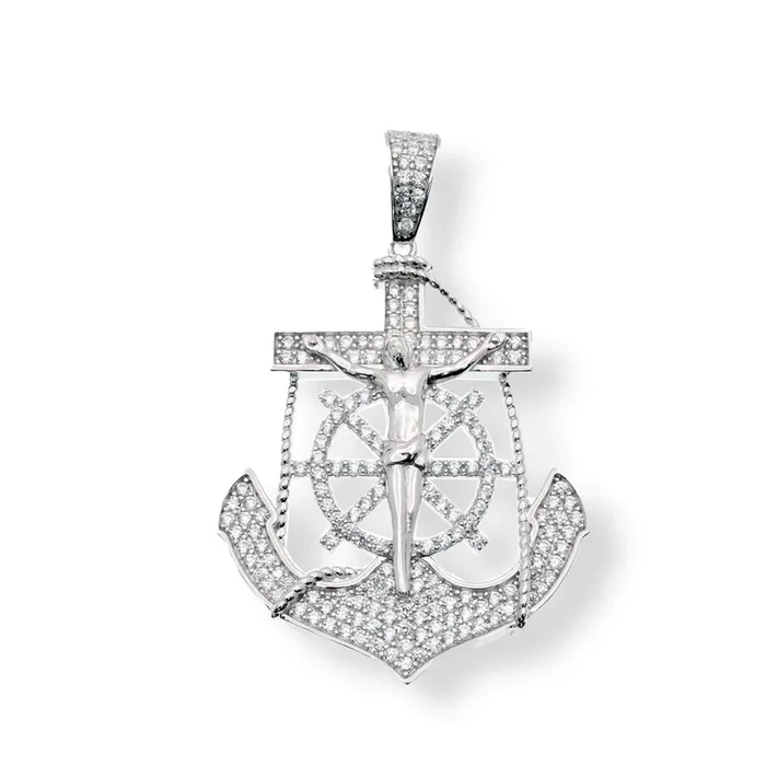 Rhodium Plated 925 Sterling Silver Jesus Cross Anchor Clear CZ 29.6mm x 35.1mm Pendant – SLP00451