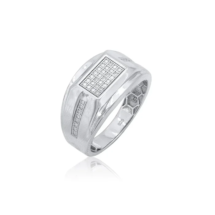 Rhodium Plated 925 Sterling Silver Men’s Classic Moissanite Rectangle Top 13mm Ring – MPAR00036