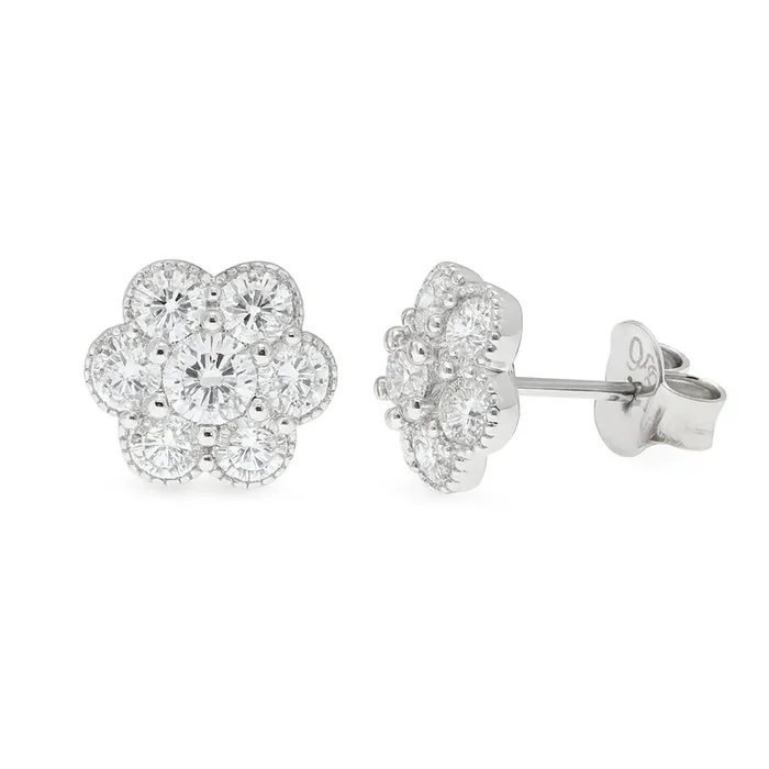 Rhodium Plated 925 Sterling Silver Moissanite Cluster Flower 8.6mm Stud Earring – MDGE00014