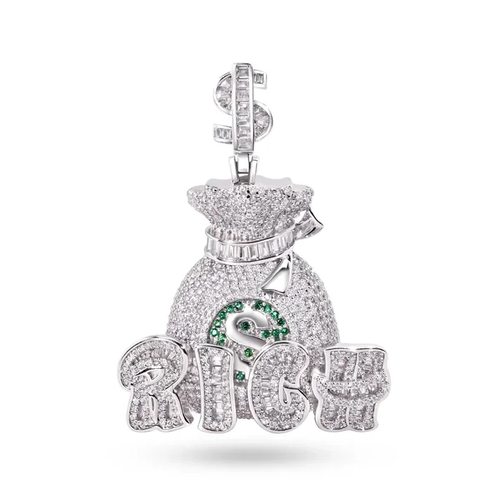 Rhodium Plated 925 Sterling Silver Money Bag Rich Clear and Green CZ Dollar Sign Vale Pendant – SLP00413