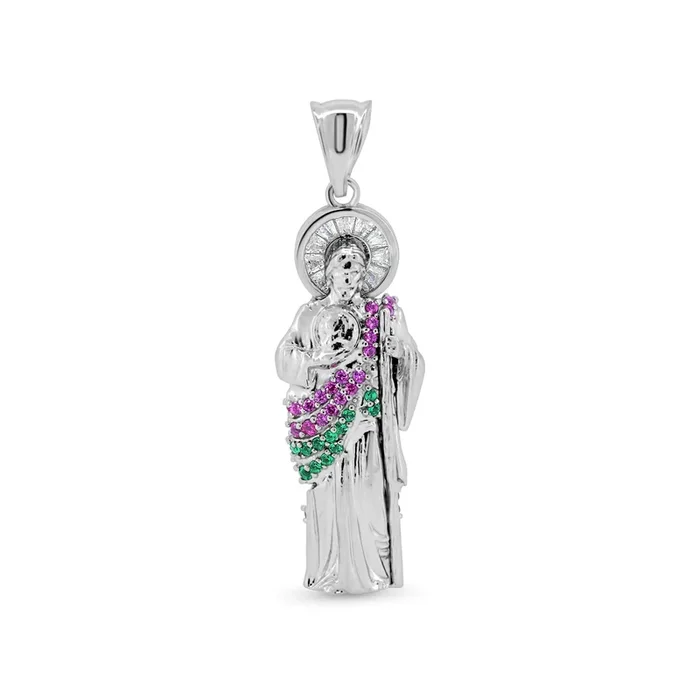 Rhodium Plated 925 Sterling Silver Multicolor CZ 3D 32mm St Jude Pendant – GMP00124