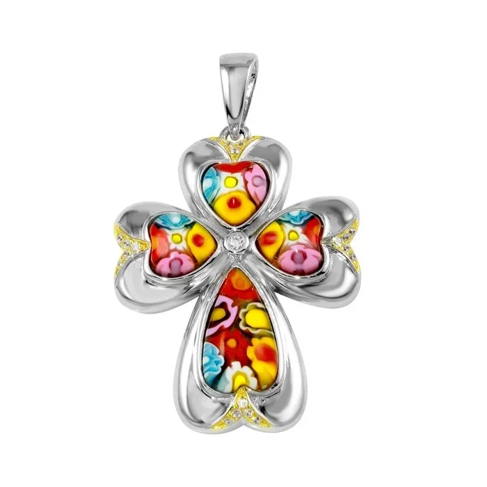 Rhodium Plated 925 Sterling Silver Murano Glass Flower Cross CZ Pendant – MP00009