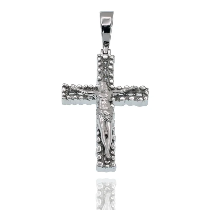 Rhodium Plated 925 Sterling Silver Nugget Crucifix Cross Baguette Clear CZ 29mm x 41mm Pendant – SLP00489