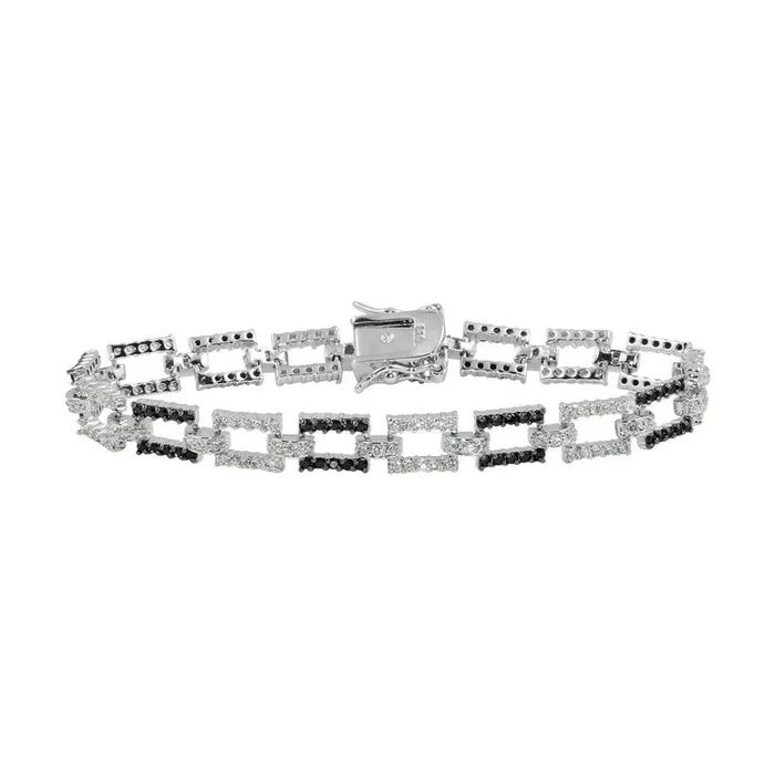 Rhodium Plated 925 Sterling Silver Rectangle Link Bracelet with CZ – BGB00013
