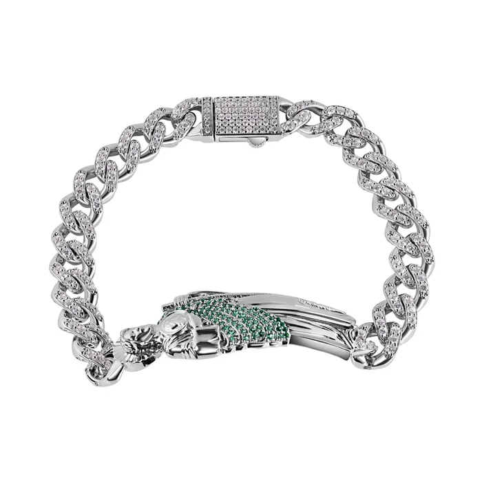 Rhodium Plated 925 Sterling Silver Rectangle St Jude Clear CZ Studded Cuban 8.8mm Bracelet – GMB00136