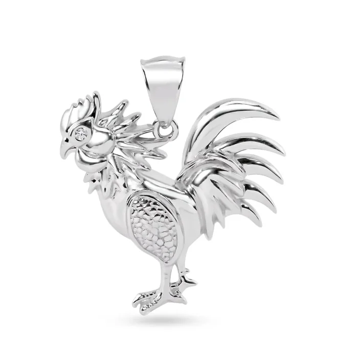Rhodium Plated 925 Sterling Silver Rooster Clear CZ Eye Pendant – SLP00414