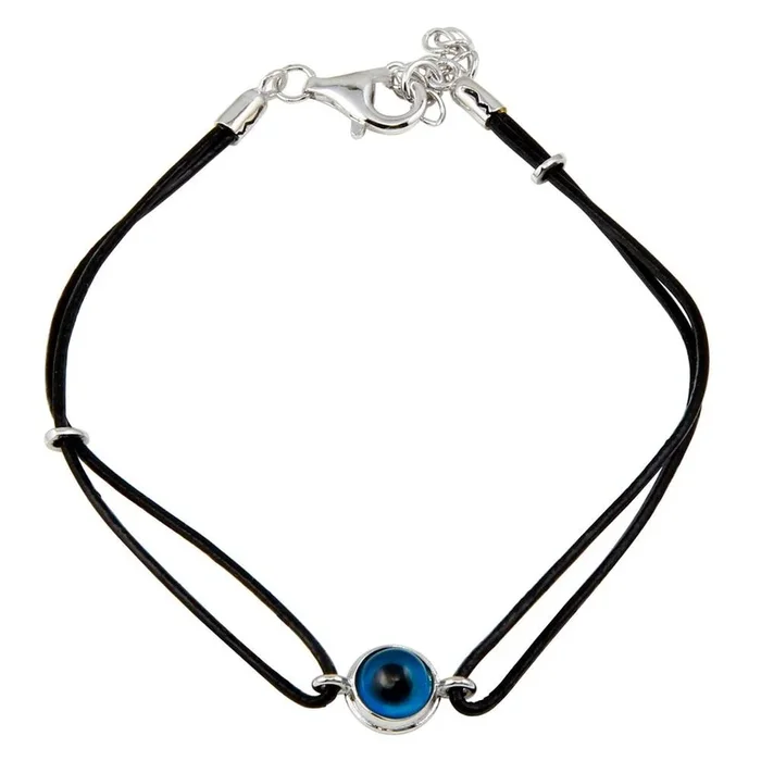 Rhodium Plated 925 Sterling Silver Round Evil Eye Black Cord Bracelet – BGB00143