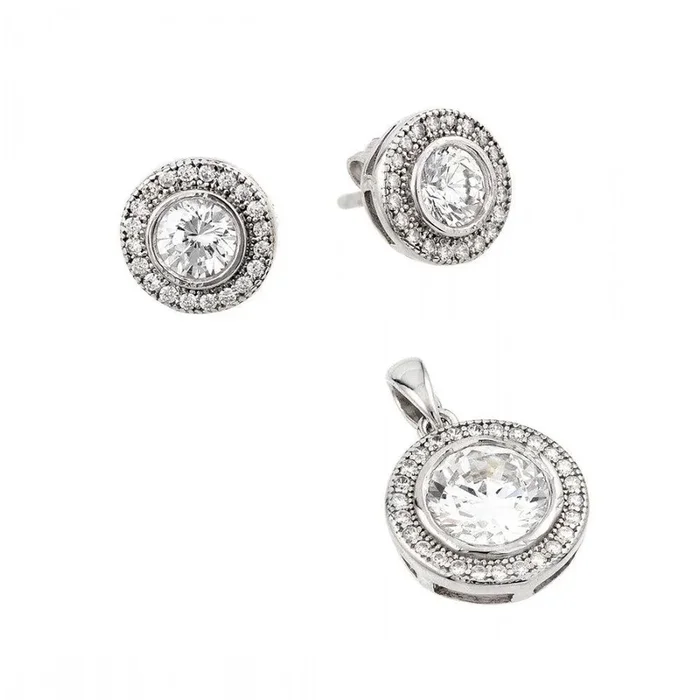 Rhodium Plated 925 Sterling Silver Round Micro Pave Pendant and Matching Earring Set – GMS00003RH