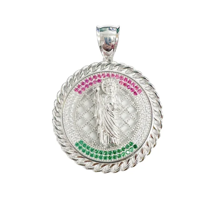 Rhodium Plated 925 Sterling Silver Saint Jude Clear Green and Red CZ 35mm Pendant – SLP00358