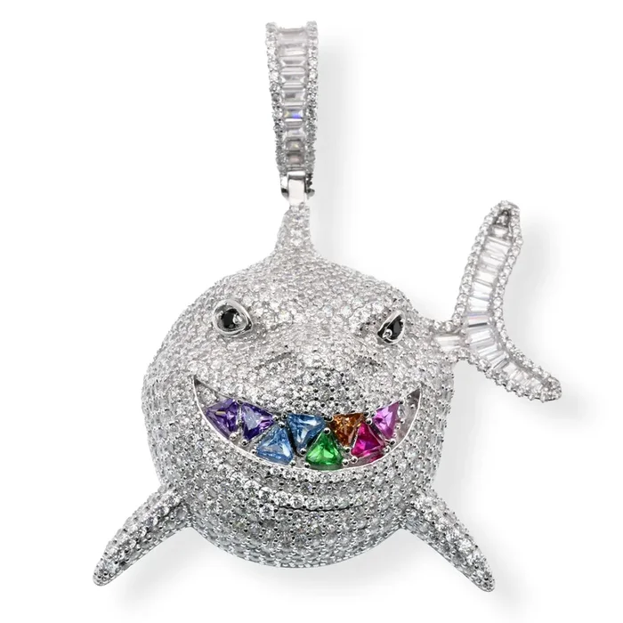 Rhodium Plated 925 Sterling Silver Shark Attack Baguette and Round Multi Color CZ 43.1mm x 44.1mm Pendant – SLP00311