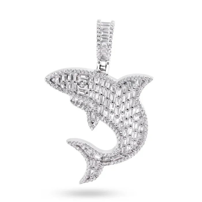 Rhodium Plated 925 Sterling Silver Shark Baguette Clear CZ Pendant – SLP00412