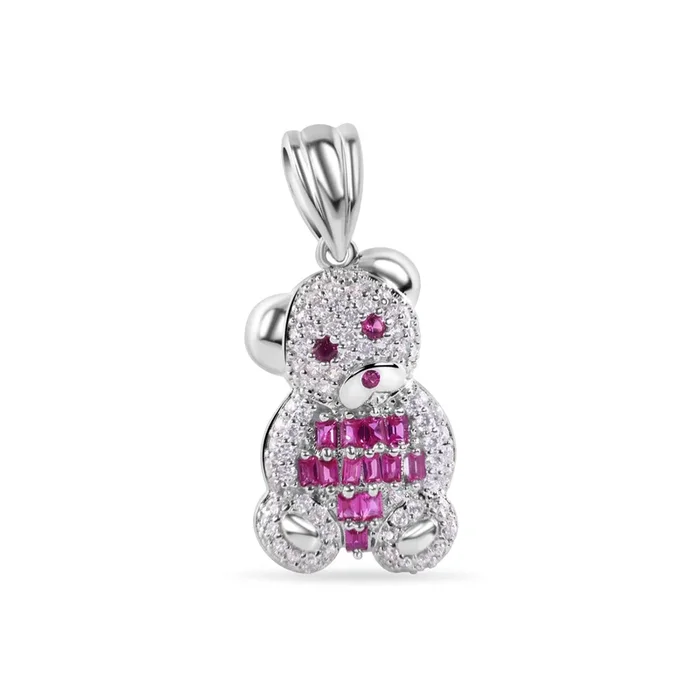 Rhodium Plated 925 Sterling Silver Small 18.6mm Teddy Bear Red Baguette and Clear CZ Pendant – GMP00141