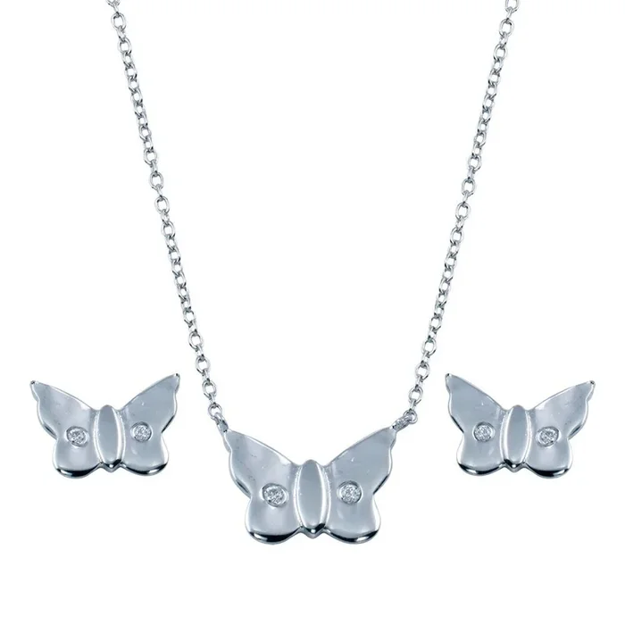 Rhodium Plated 925 Sterling Silver Small CZ Stud Earring and Necklace Set – STS00475