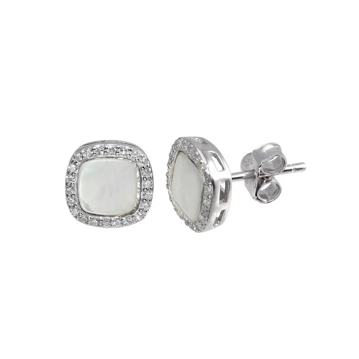Rhodium Plated 925 Sterling Silver Square Opal Stud Earring with CZ – STE01117CLR