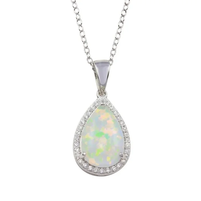 Rhodium Plated 925 Sterling Silver Teardrop Synthetic Opal Pendant Necklace with CZ – STP01711