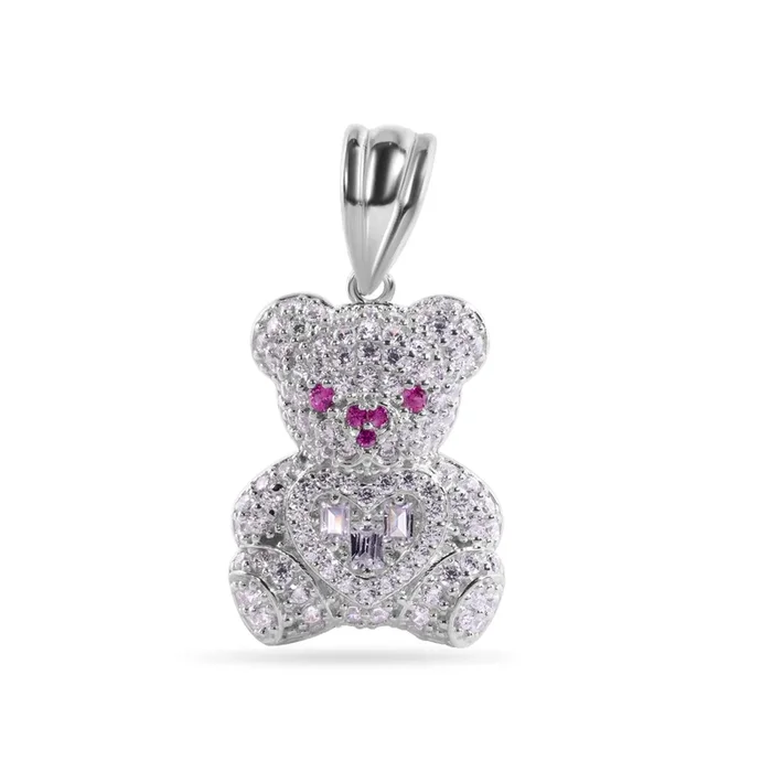 Rhodium Plated 925 Sterling Silver Teddy Bear Clear Baguette Heart Red and Clear CZ Pendant – GMP00148
