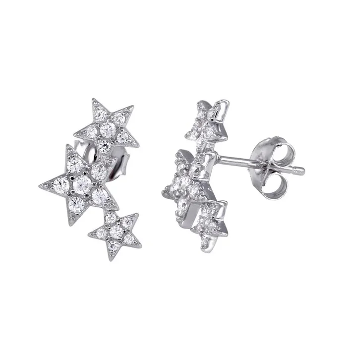 Rhodium Plated 925 Sterling Silver Three Star Stud Earrings – BGE00573