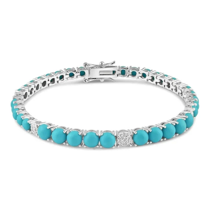 Rhodium Plated 925 Sterling Silver Turquoise and Clear CZ 5mm Tennis Bracelet – BGB00384