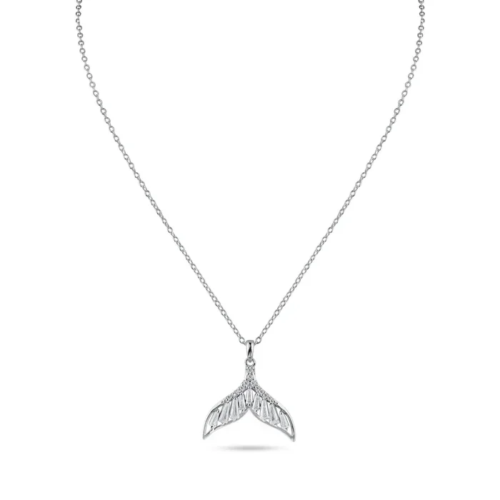 Rhodium Plated 925 Sterling Silver Whale Tail Clear Baguette CZ Necklace – STP01845
