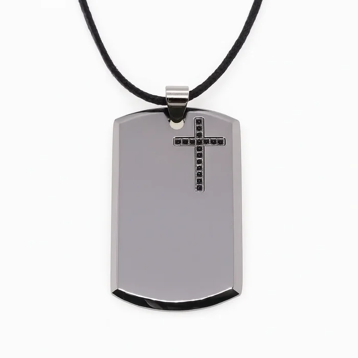 Rhodium Plated Stainless Black CZ Cross Dog Tag Pendant Necklace – SSN00047