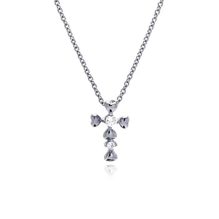 Rhodium Plated Stainless CZ Heart Cross Pendant Necklace – SSN00029