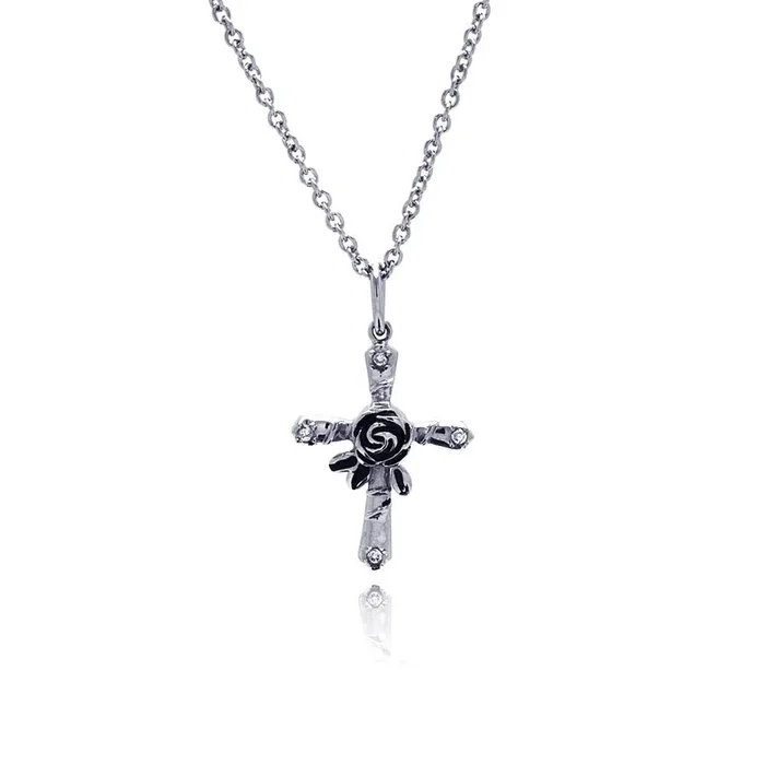 Rhodium Plated Stainless Rose Cross Pendant Necklace – SSN00026
