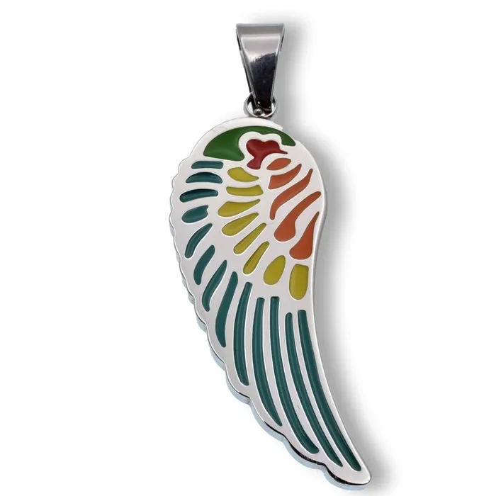 Rhodium Plated Stainless Steel Colorful Angel Wing 16.5mm x 40mm Pendant – SSP00237