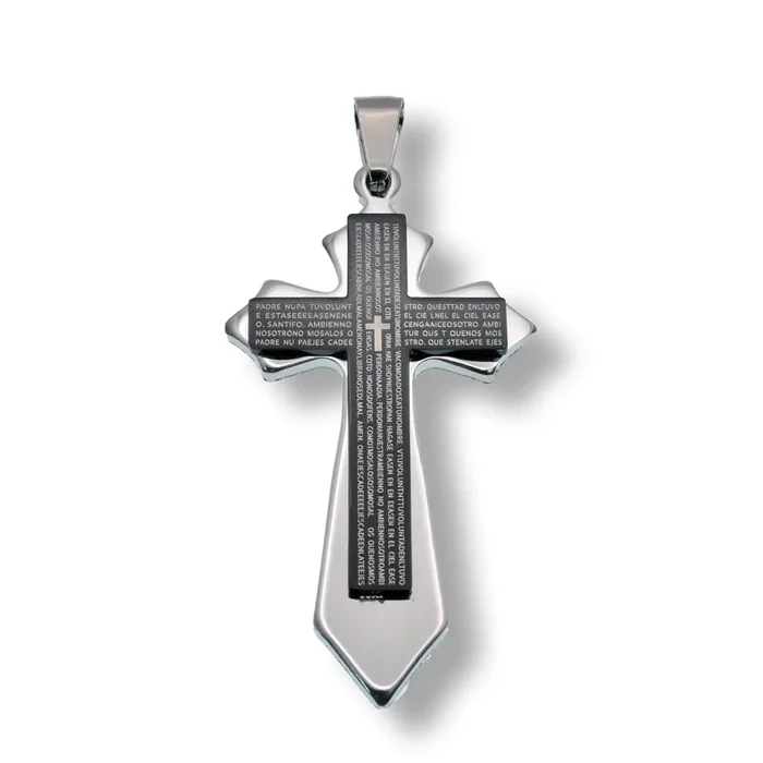 Rhodium Plated Stainless Steel Cross Prayer Black Enamel Pendant – SSP00251