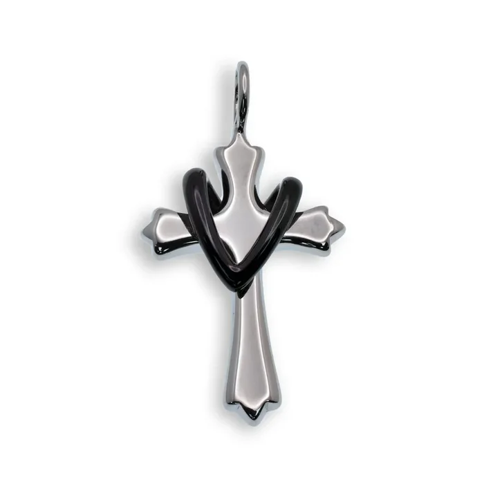 Rhodium Plated Stainless Steel Cross With Black Drape Pendant – SSP00481
