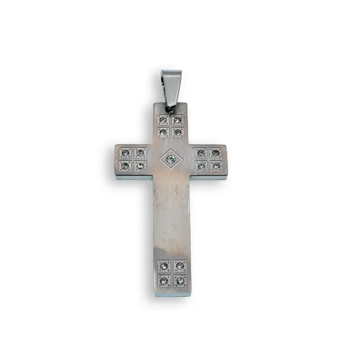 Rhodium Plated Stainless Steel Flat Square Matte CZ Cross Pendant – SSP00123