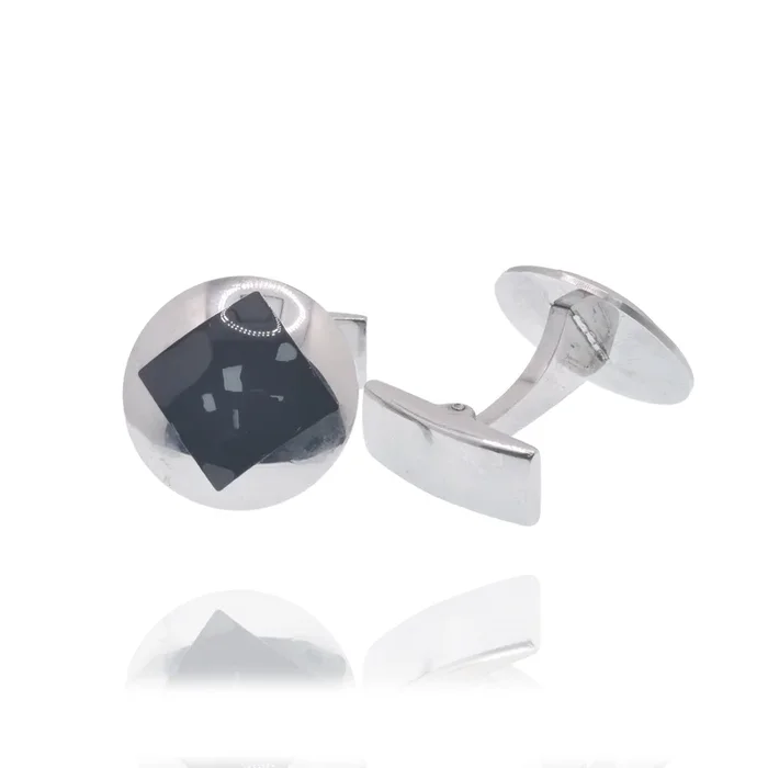 Rhodium Plated Stainless Steel Round Black Square Enamel 18mm Whale Back Cufflink – SCU00006