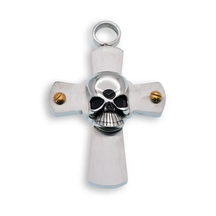 Rhodium Plated Stainless Steel Skull Cross With Gold Screw Pendant – SSP00336