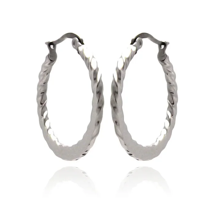 Rhodium Plated Stainless Steel Twisted Flat Hoop Earrings – SSE00063