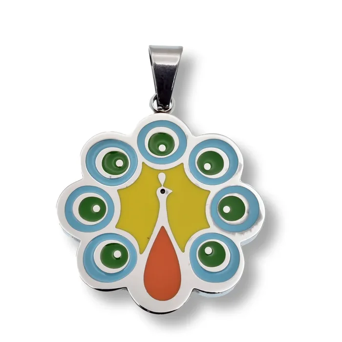 Rhodium Plated Stainless Steel Vibrant Enamel Peacock 30.5mm Pendant – SSP00235