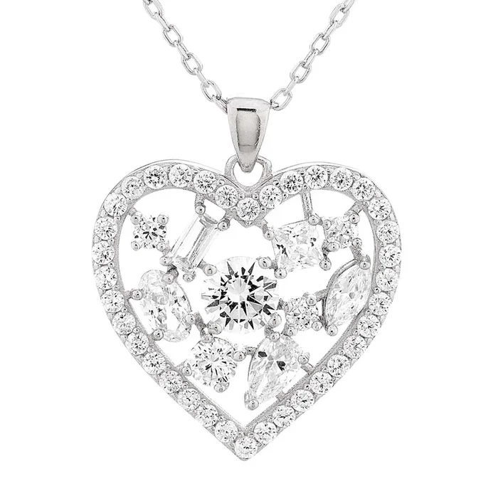 Rhodium Plated Sterling Silver Cubic Zirconia 18-inch Heart Pendant
