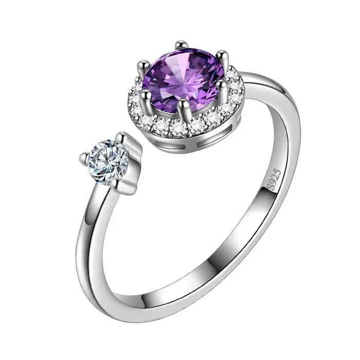 Round Birthstone February Amethyst Ring Women Girls Jewelry Birthday Gift Sterling Silver