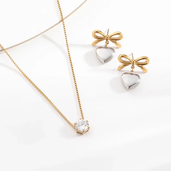 Round Solitaire Necklace & Bi-metal Wrapped With Love Earrings Combo Set