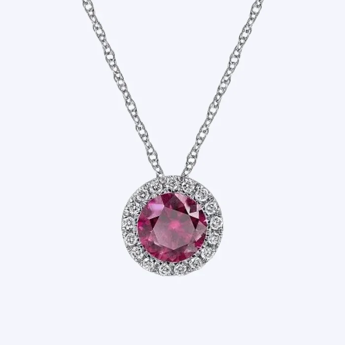 Ruby and Diamond Halo Pendant Necklace