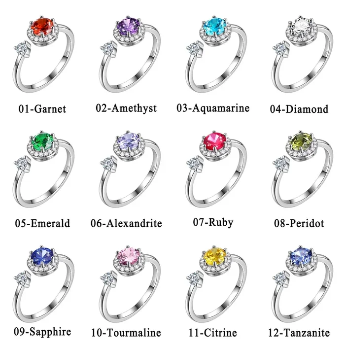 Runder Geburtsstein-Ring für Damen, Mädchen-Geburtstagsgeschenk, 925er-Sterlingsilber