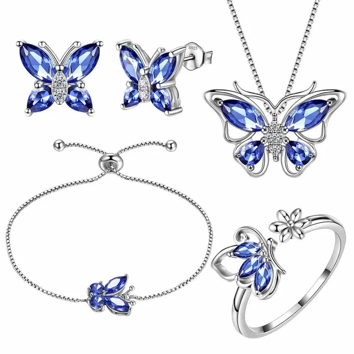Schmetterlings-Geburtsstein-Dezember-Tansanit-Schmuckset, 5-teiliges Damen- und Mädchen-Geburtstagsgeschenk