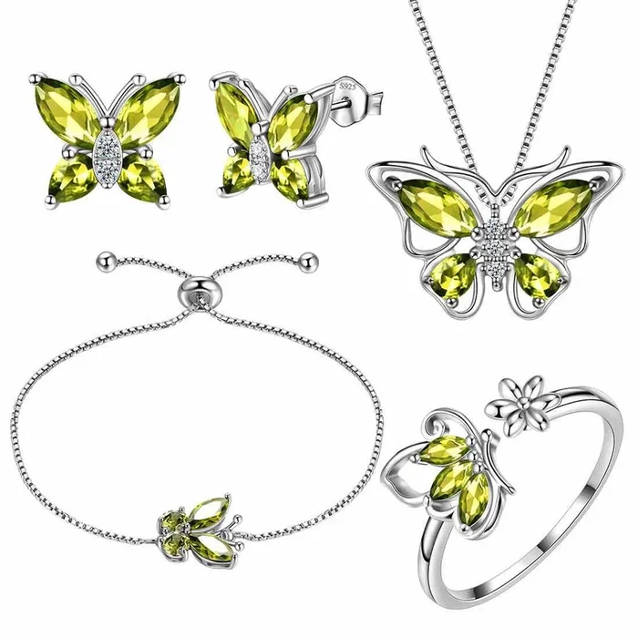 Schmetterlings-Geburtsstein-Peridot-Schmuckset für August, 5-teiliges Damen- und Mädchen-Geburtstagsgeschenk