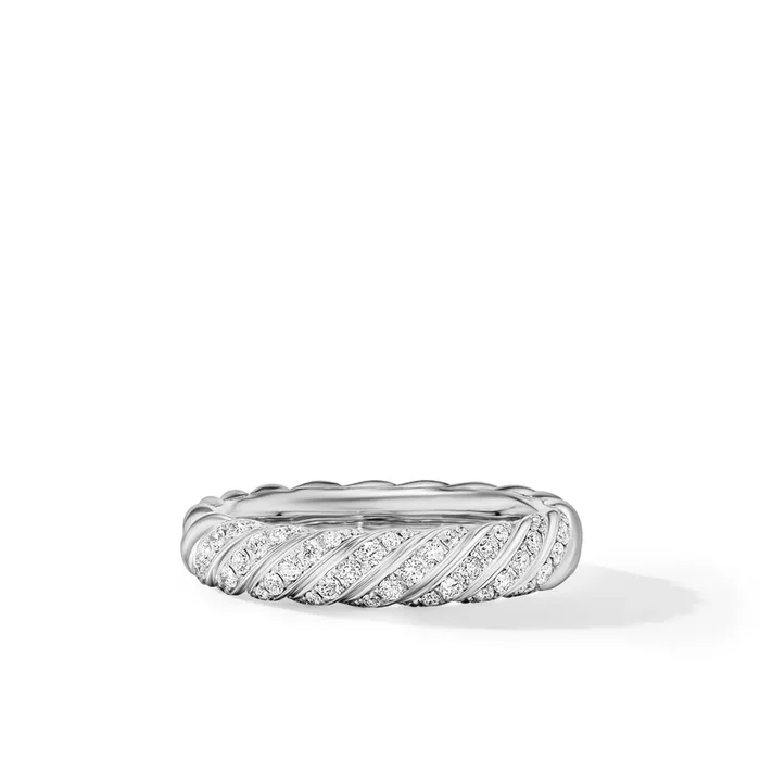 Sculpted Cable Band Ring in 18K White Gold with Diamonds, 4.6mm